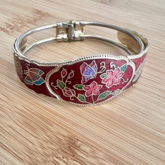 Vintage Jewelry - Vintage Cloisonné Hinged Bracelet Flowers and Butterfly Red Bangle Bracelet